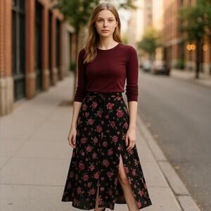 Dark Floral Maxi Skirt Chiffon Front Slits Romantic Coquette Dark Fairy Event